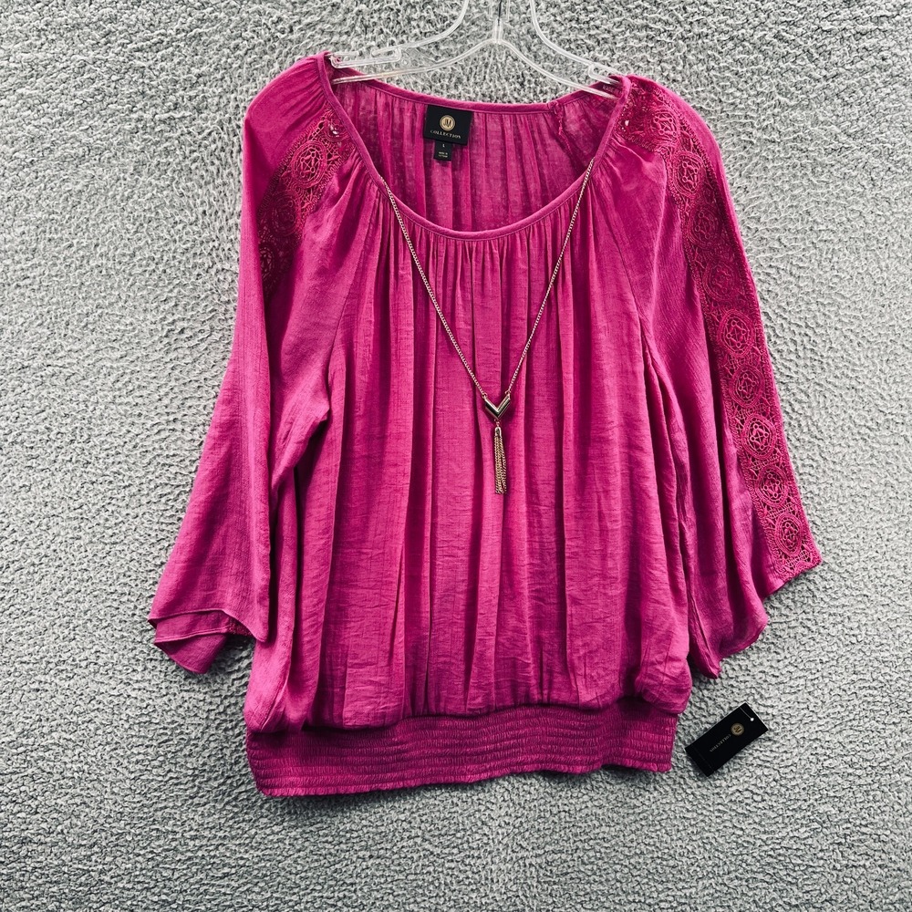 Womens Peasant Top L Magenta Boho Crochet Sleeve Flowy Dressy Casual Resort